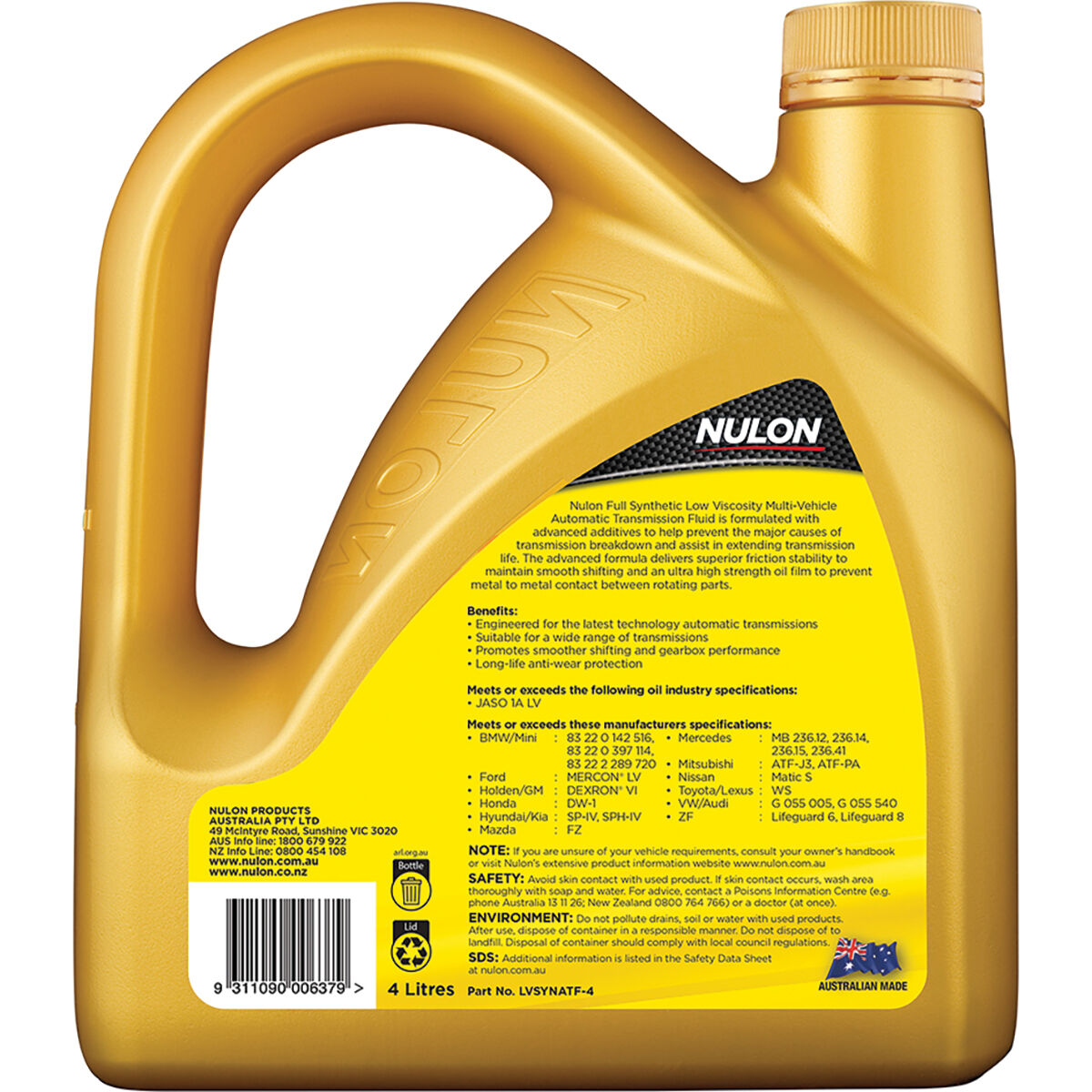 Nulon ATF Multi Vehicle Full Synthetic Low Viscosity Automatic Transmission Fluid 4 Litre, , scanz_hi-res