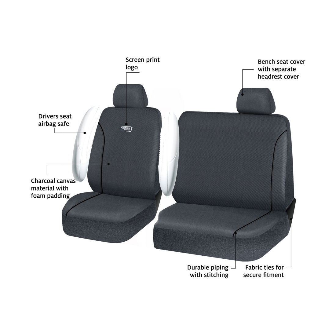 Ridge Ryder Canvas Ute Seat Covers Charcoal/Black Piping Adjustable Headrests Front (with cut out) 401SAB, , scanz_hi-res