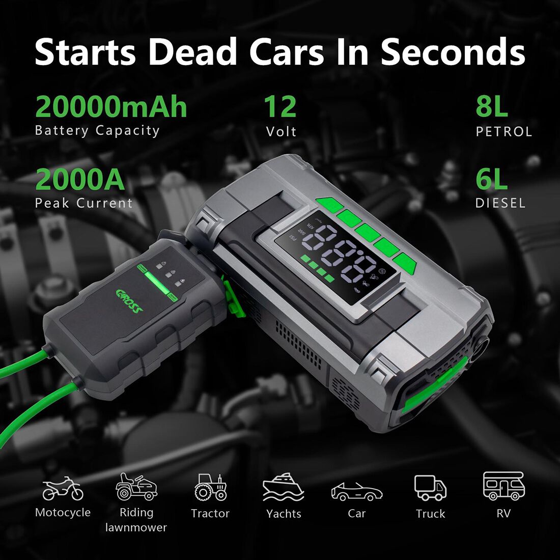 CAROSS T14 12V 2000A Smart Lithium Jump Starter With Built-in Air Compressor & 3 Mode LED Worklight, , scanz_hi-res