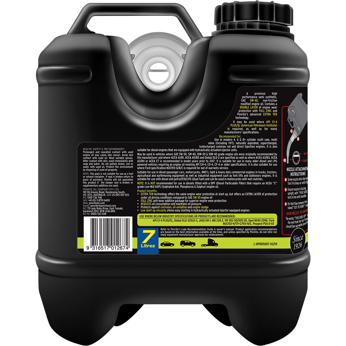 Penrite HPR Diesel 5 Engine Oil - 5W-40, 7 Litre, , scanz_hi-res