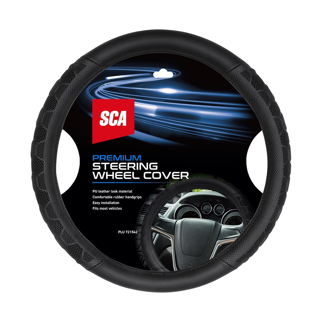 SCA Steering Wheel Cover - Leather Look & Rubber, Black and Grey, 380mm, , scanz_hi-res