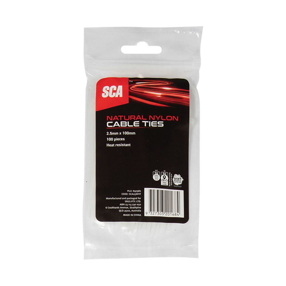 SCA Cable Ties 2.5mm X 100mm, Pack of 100, Natural, , scanz_hi-res