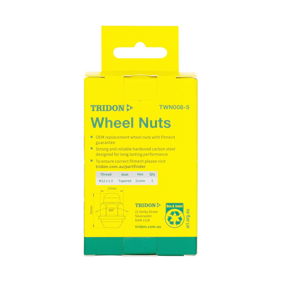 Tridon Wheel Nuts M12x1.5 Tapered Seat 21mm Hex 5 Pack TWN008-5, , scanz_hi-res