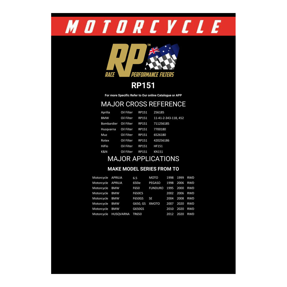 Race Performance Motorcycle Oil Filter RP151, , scanz_hi-res