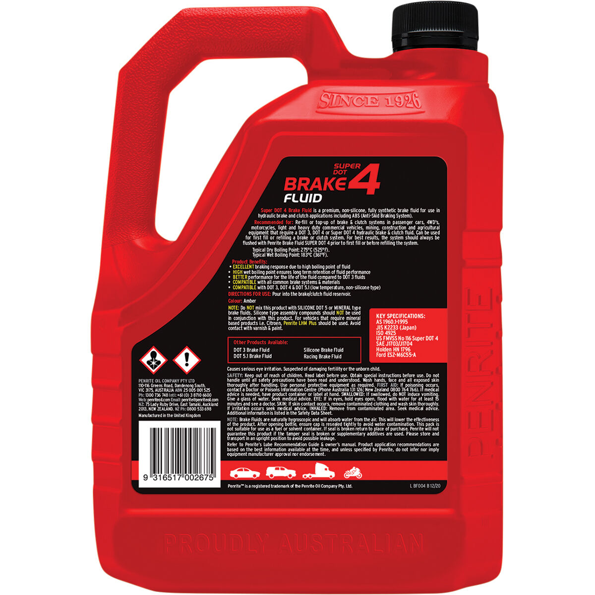 Penrite Brake Fluid Super DOT 4 4L, , scanz_hi-res