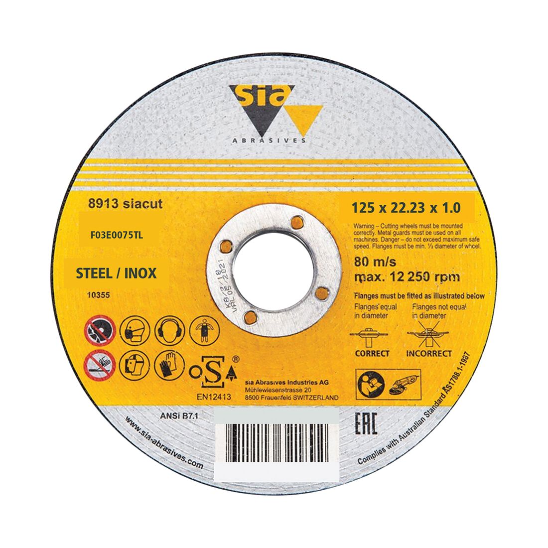 SIA Abrasives Metal Cutting Disc, 8913 Series, 125X1X22.2mm, Inox/Steel Bonded, , scanz_hi-res