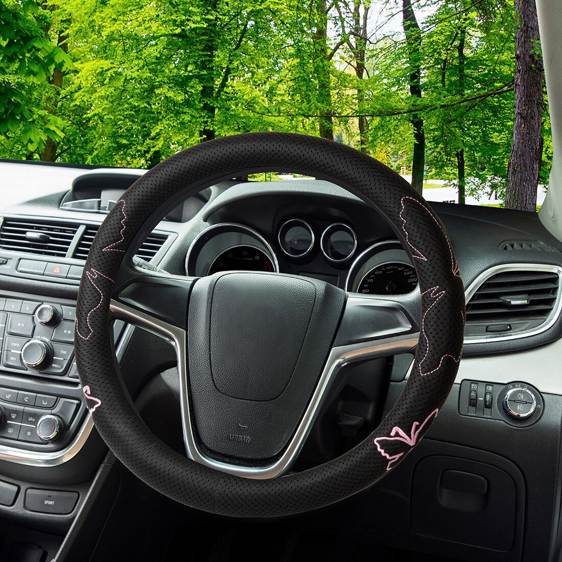 SCA Butterfly Steering Wheel Cover & Seat Belt Buddie Set Pink, , scanz_hi-res