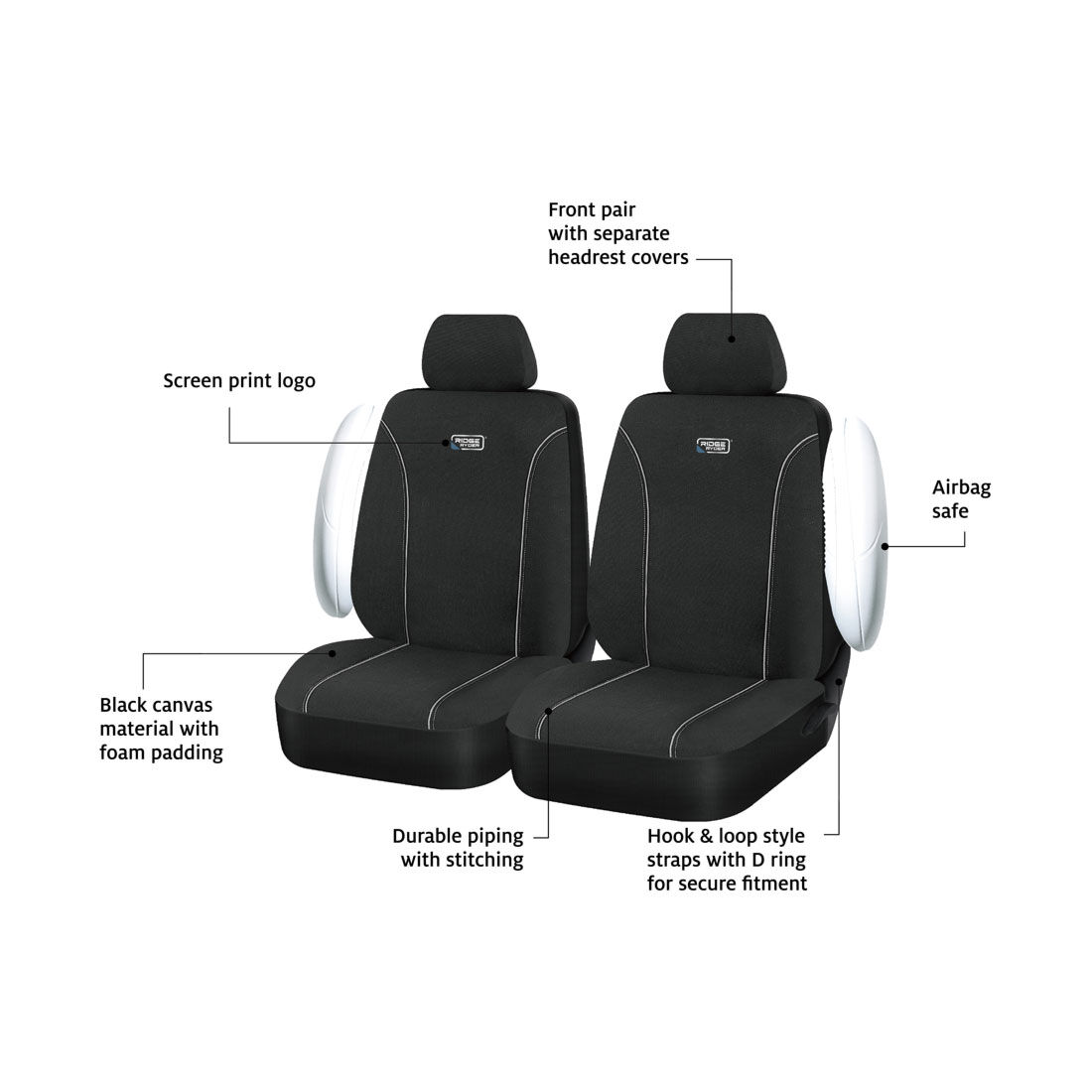 Ridge Ryder Canvas Seat Covers Black/Grey Piping Adjustable Headrests Airbag Compatible 30SAB, , scanz_hi-res
