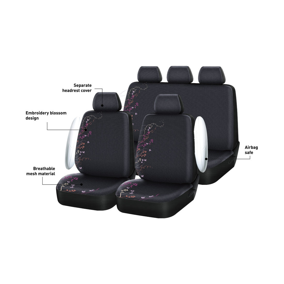 SCA Blossom Seat Cover Pack Purple/Orange Adjustable Headrests Airbag Compatible 30&06H SAB, , scanz_hi-res