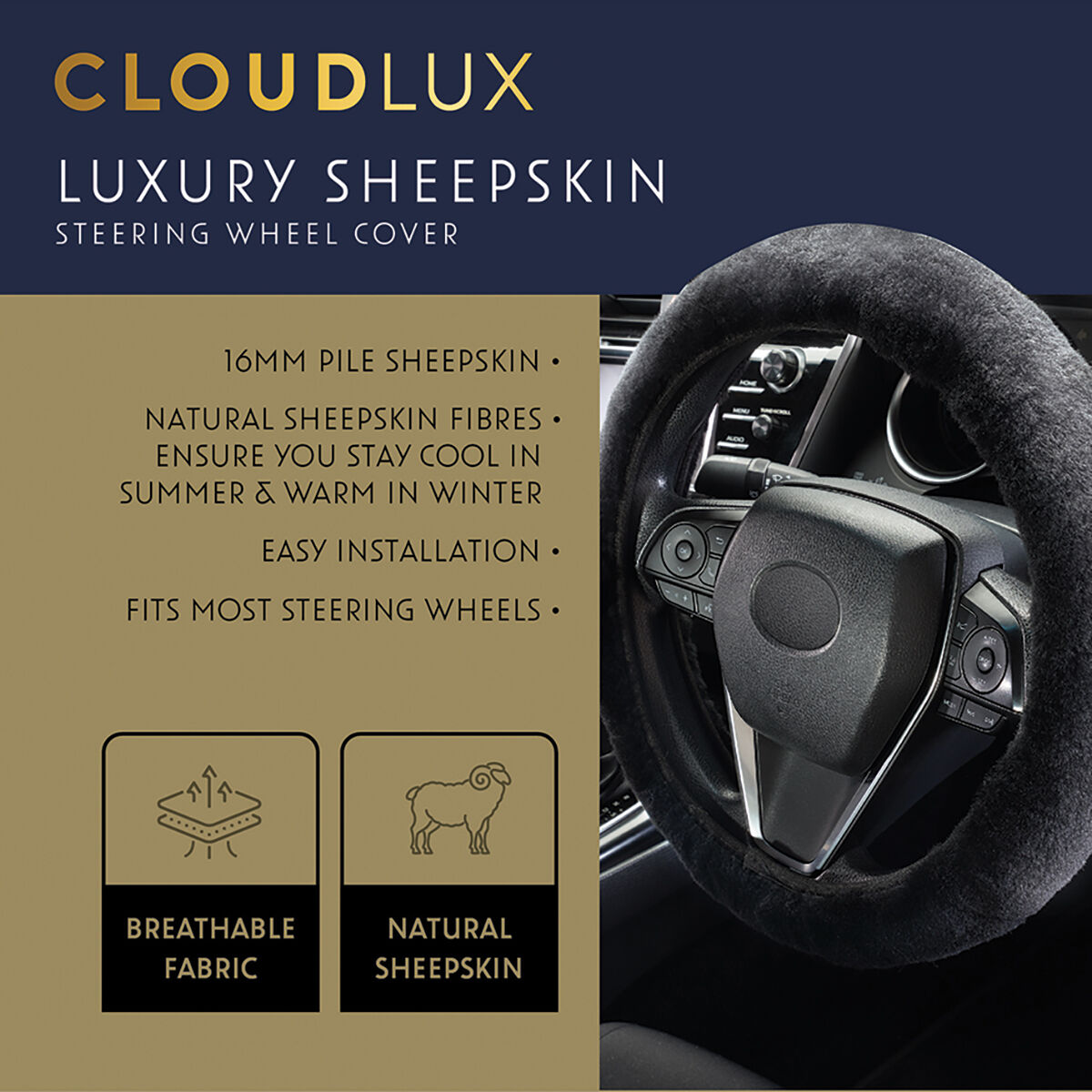 CLOUDLUX Steering Wheel Cover - Sheepskin, Black, 380mm diameter, , scanz_hi-res