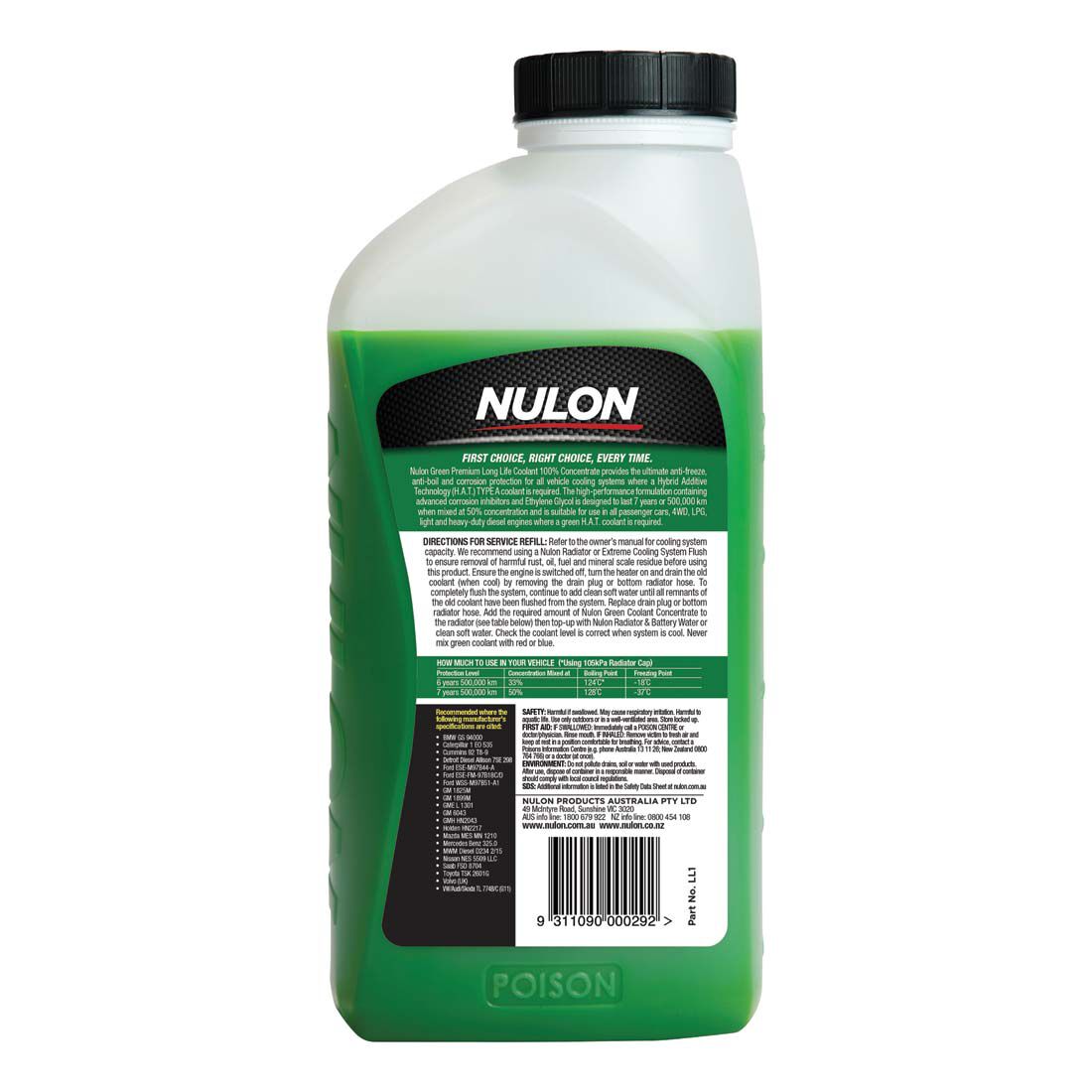 Nulon Green Long Life Anti-Freeze / Anti-Boil Coolant Concentrate - 1 Litre, , scanz_hi-res