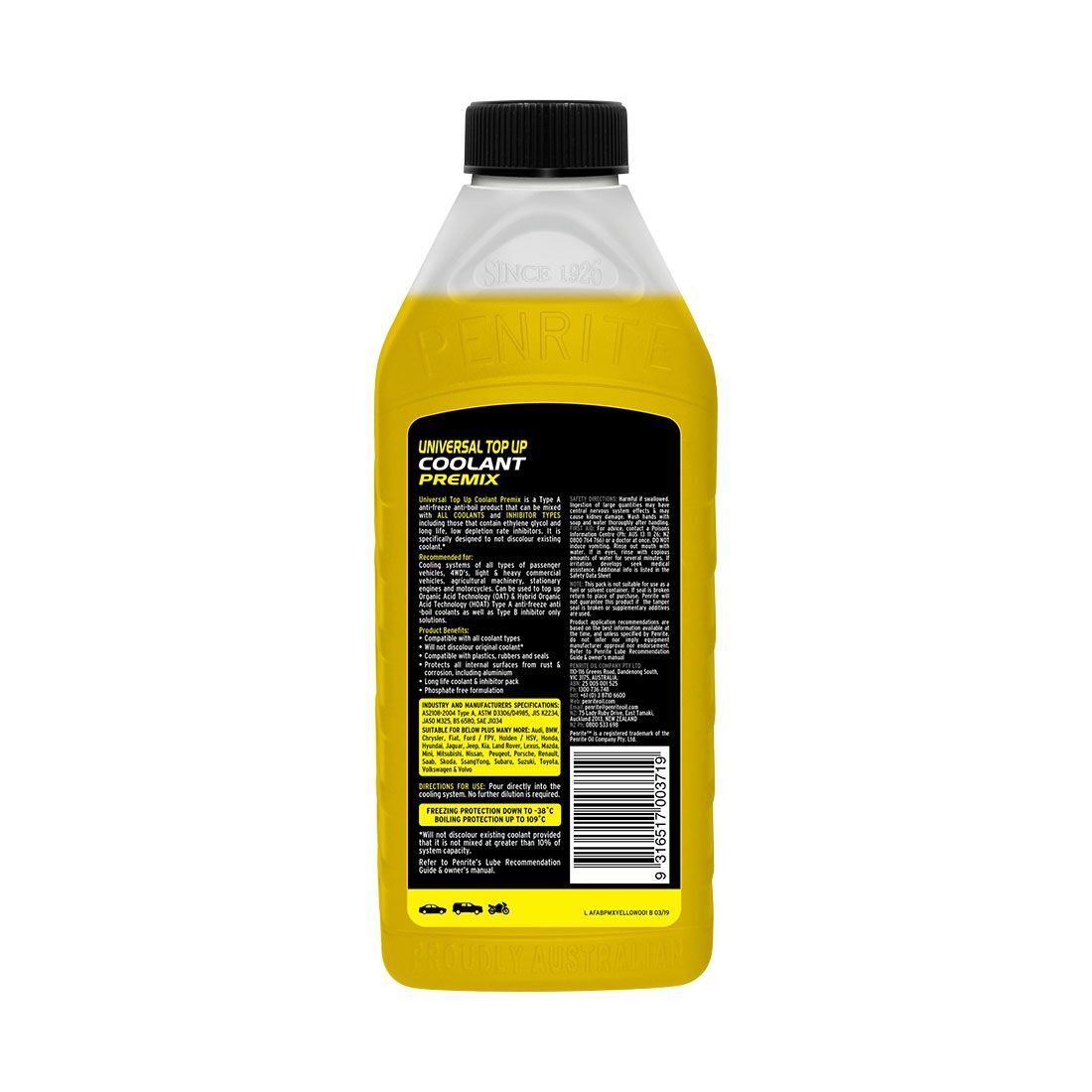 Penrite Yellow Universal Top Up Coolant Premix - 1 Litre, , scanz_hi-res