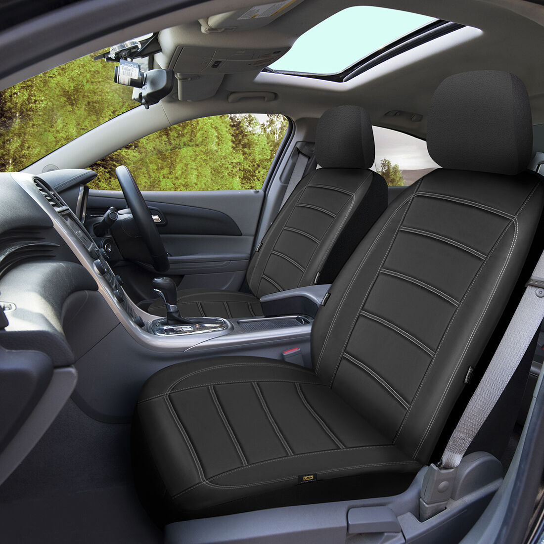 SCA Leather Look Seat Covers Black/White Adjustable Headrests Airbag Compatible 30SAB, , scanz_hi-res