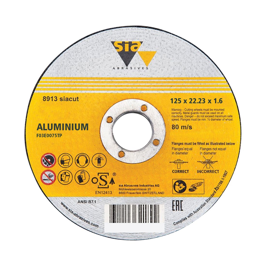 SIA Abrasives Metal Cutting Disc, 8913 Series, 125X1X22.2mm, Aluminium Bonded, , scanz_hi-res