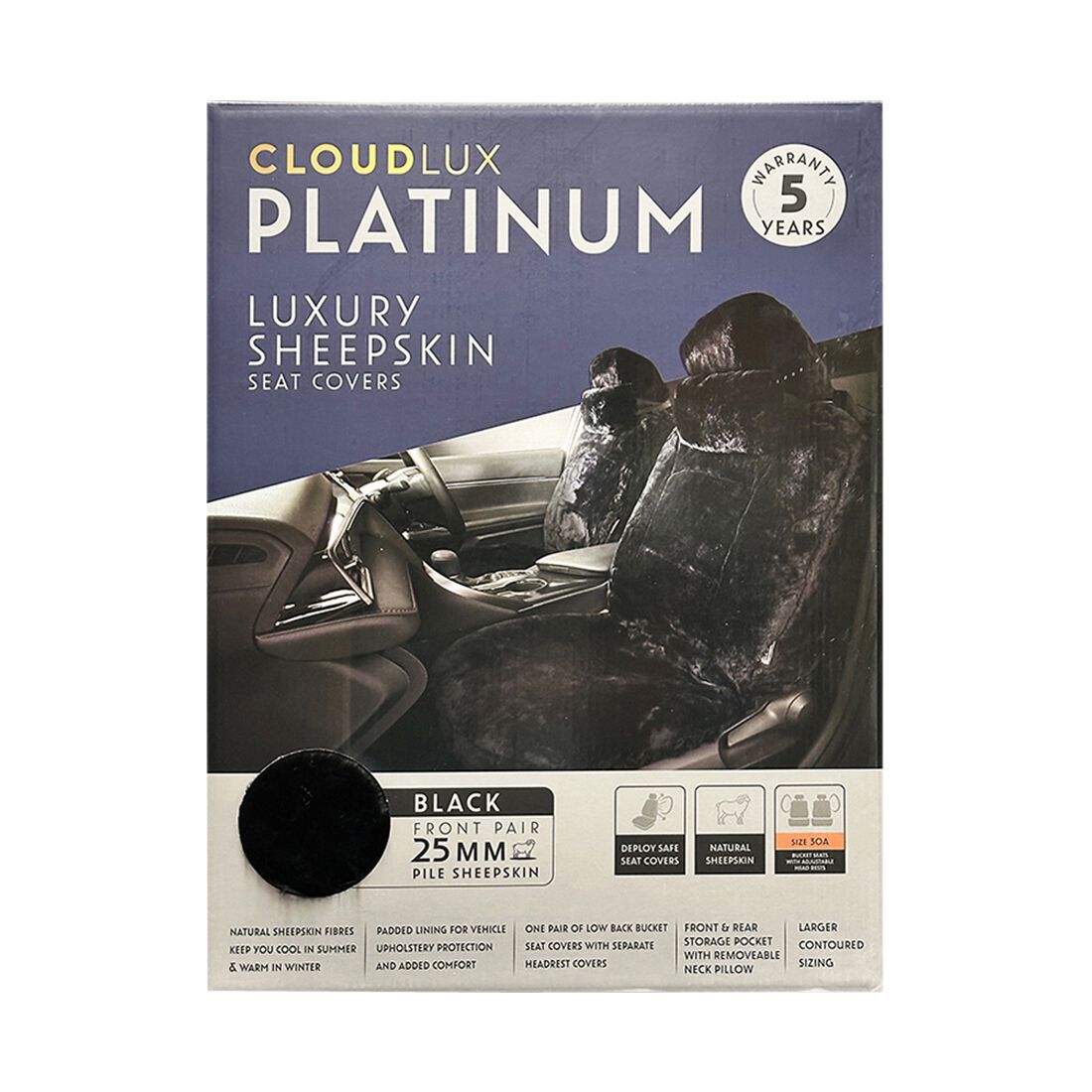 Platinum CLOUDLUX Sheepskin Seat Covers - Black Adjustable Headrests Size 30 Airbag Compatible, , scanz_hi-res