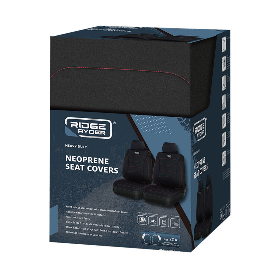 Ridge Ryder Neoprene Seat Covers Black/Red Adjustable Headrests Airbag Compatible 30SAB, , scanz_hi-res
