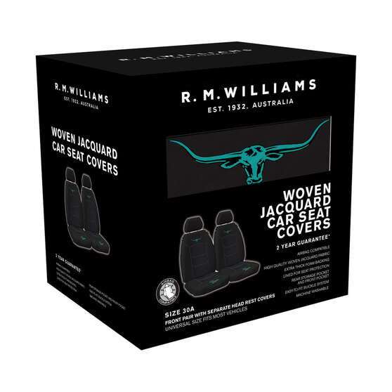 R.M.Williams Aqua Jacquard Seat Covers Black/Aqua Adjustable Headrests Airbag Compatible, , scanz_hi-res