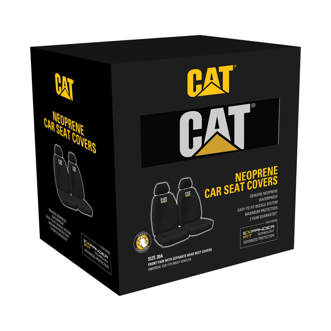 CAT Neoprene Seat Covers Black Adjustable Headrests Size 30 Front Pair Airbag Compatible, , scanz_hi-res