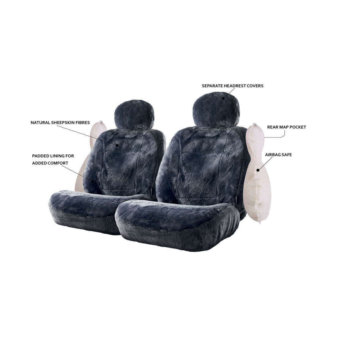 Silver CLOUDLUX Sheepskin Seat Covers - Slate Adjustable Headrests Size 30 Front Pair Airbag Compatible, , scanz_hi-res