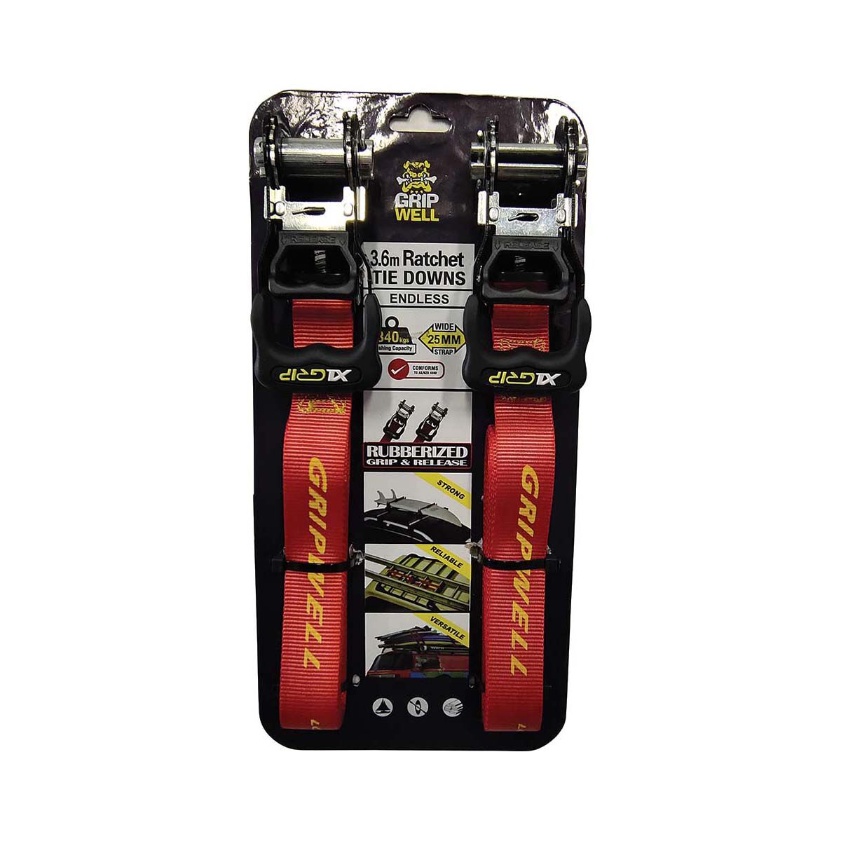 Gripwell Ratchet Tie Down 2Pk 340kg 25mm X 3.6m, , scanz_hi-res