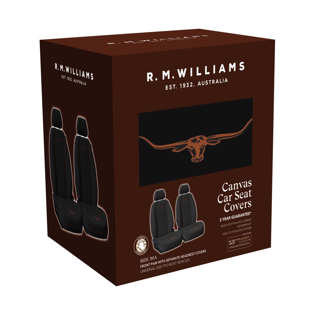 R.M.Williams Tan Poly Canvas Seat Covers, Black/Tan, Adjustable Headrests, Airbag Compatible, , scanz_hi-res