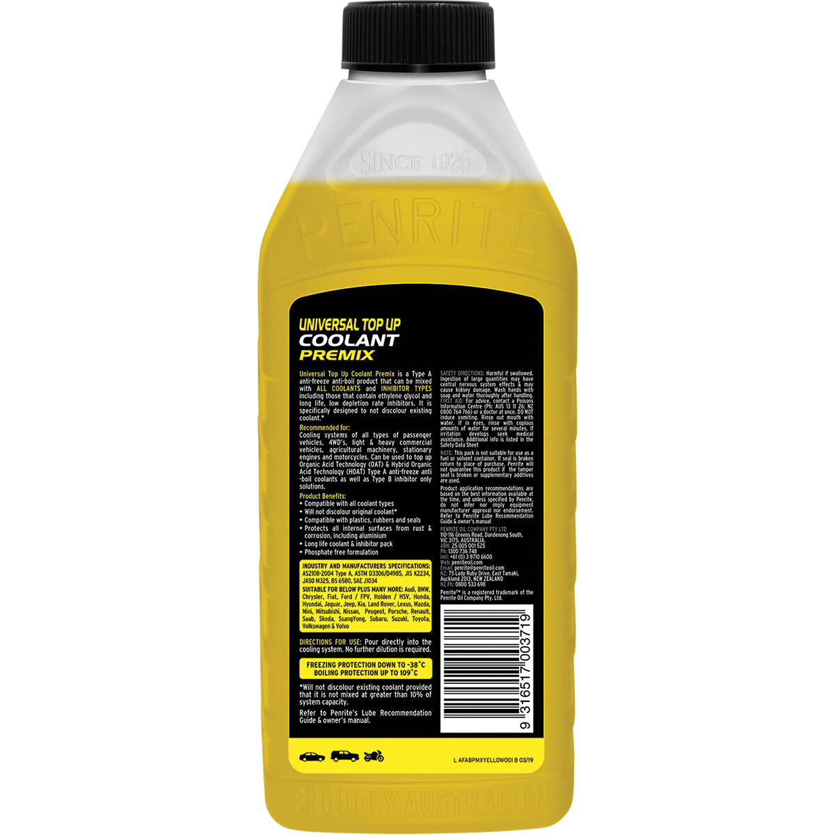 Penrite Yellow Universal Top Up Coolant Premix - 1 Litre, , scanz_hi-res