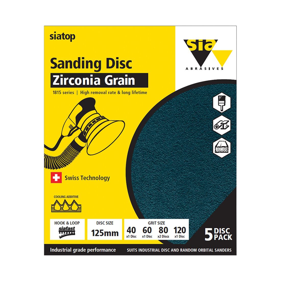 SIA Abrasives 125mm Heavy Duty Sanding Disc, 1815 Series, No Hole, Mixed Grit, 5 Pack, , scanz_hi-res