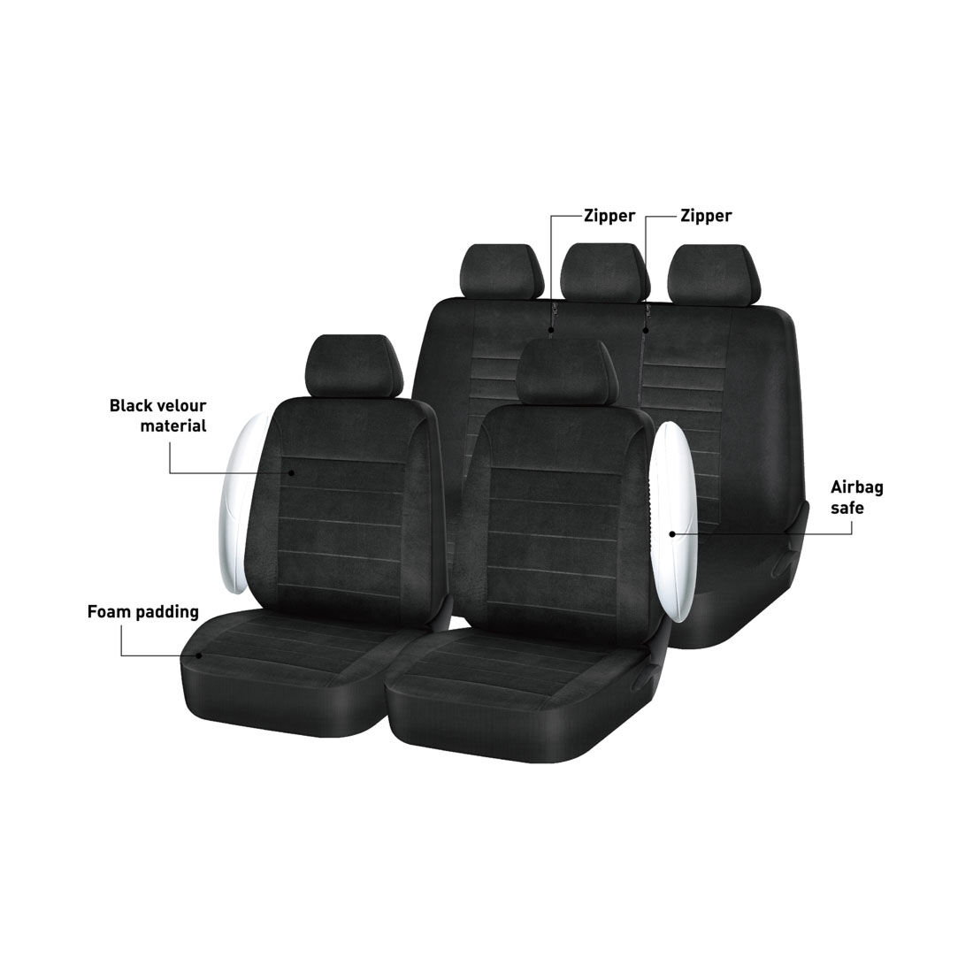 SCA Velour Executive Seat Cover Pack Black Adjustable Headrests Airbag Compatible 30&06H SAB, , scanz_hi-res