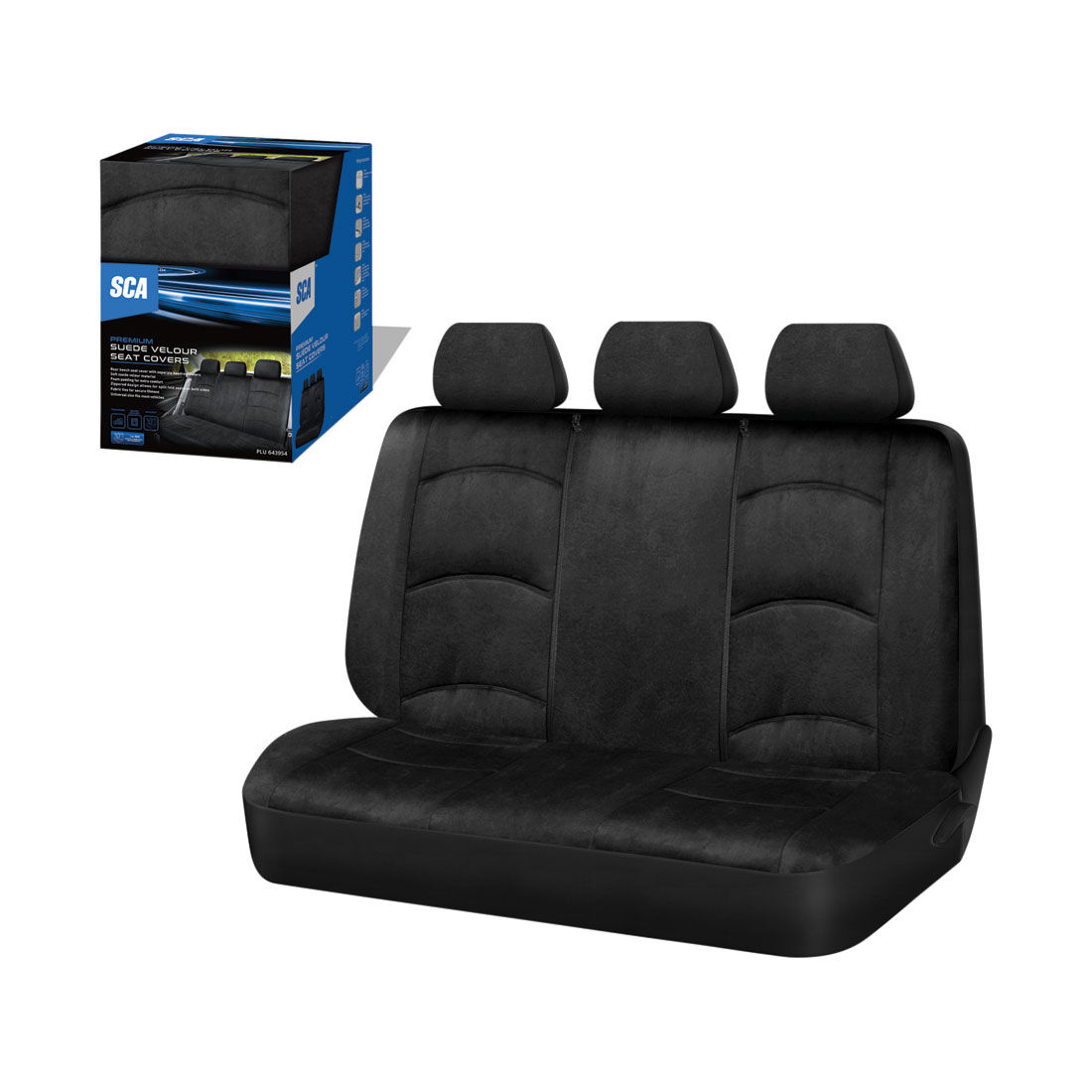 SCA Suede Velour Seat Covers Black Adjustable Headrests Rear Bench 06H, , scanz_hi-res