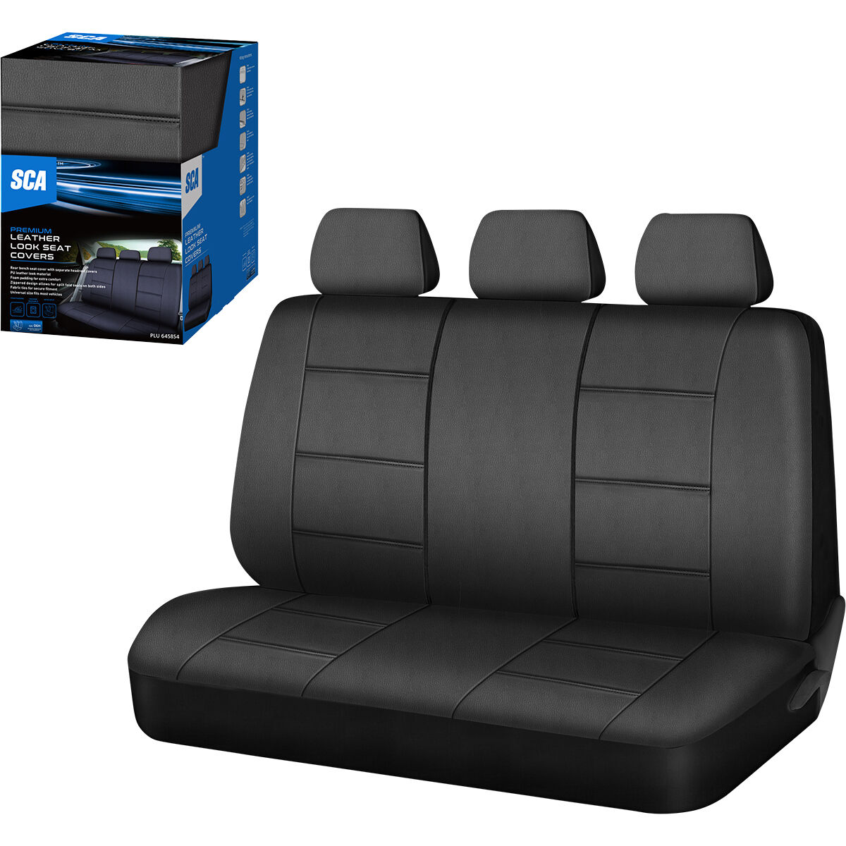 SCA Leather Look Seat Covers Black Adjustable Headrests Rear Bench 06H, , scanz_hi-res