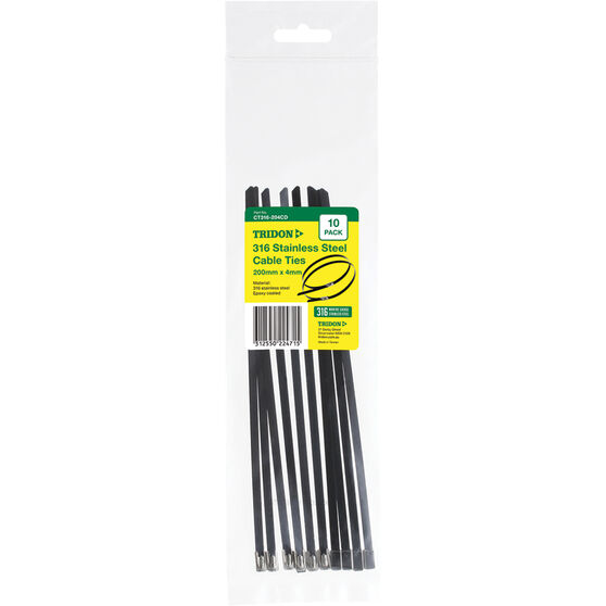 Tridon 316 Stainless Steel Cable Ties - Black Epoxy Coated, 200mm x 4mm, 10 Pack, , scanz_hi-res