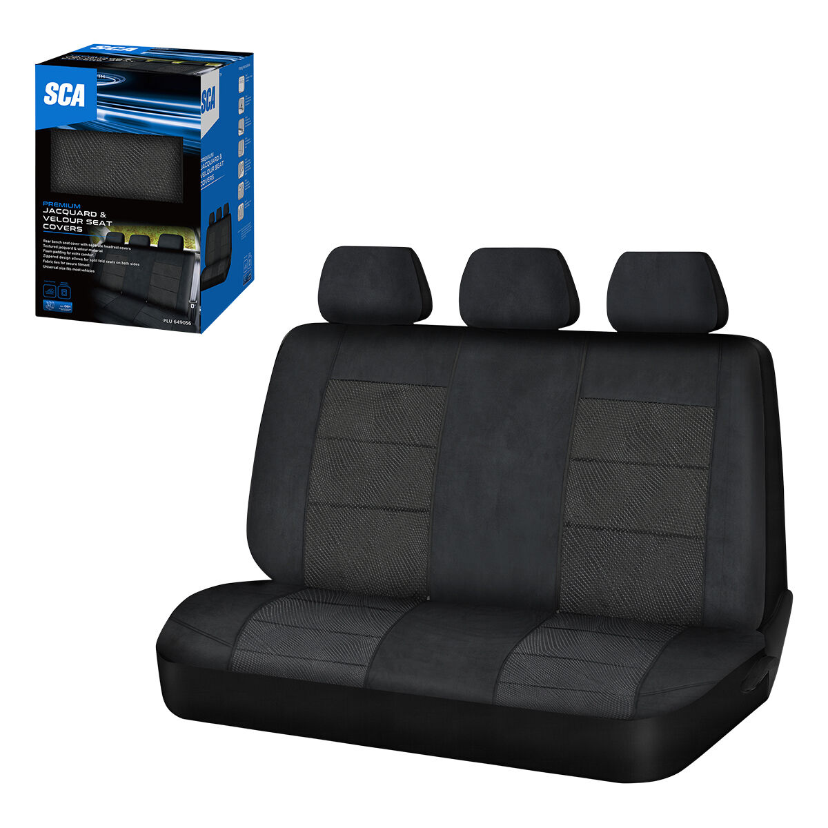 SCA Premium Jacquard and Velour Seat Covers Black Rear Seat Size Adjustable Zips 06H, , scanz_hi-res