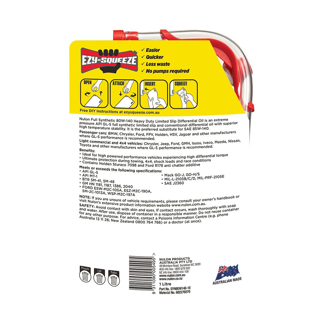 NULON EZY-SQUEEZE Heavy Duty Limited Slip Differential Oil - 80W-140, 1 Litre, , scanz_hi-res