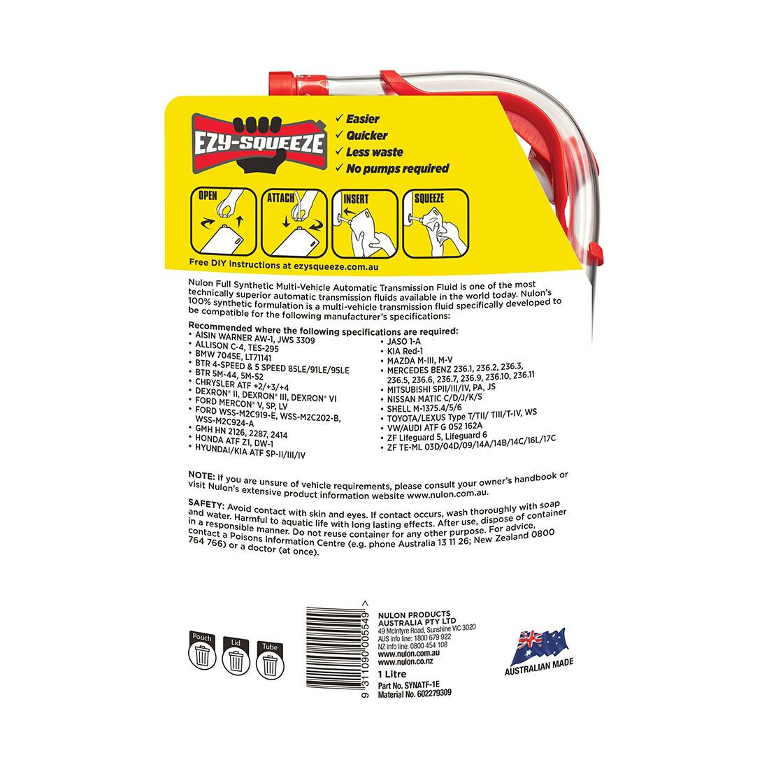 NULON EZY-SQUEEZE Multi-Vehicle Automatic Transmission Fluid - 1 Litre, , scanz_hi-res