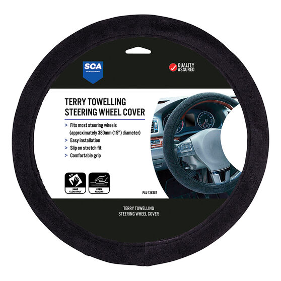 SCA Steering Wheel Cover - Terry Towelling, Black, 380mm diameter, , scanz_hi-res