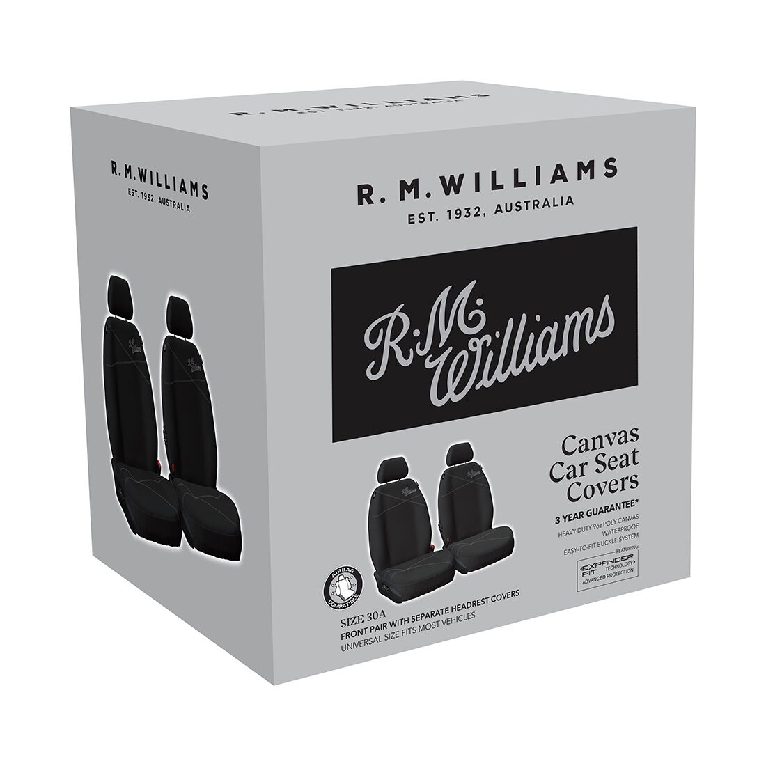 R.M.Williams Seat Cover Poly Canvas Seat Cover - Black/Grey Stitch Adjustable Headrest Airbag Compatible, , scanz_hi-res