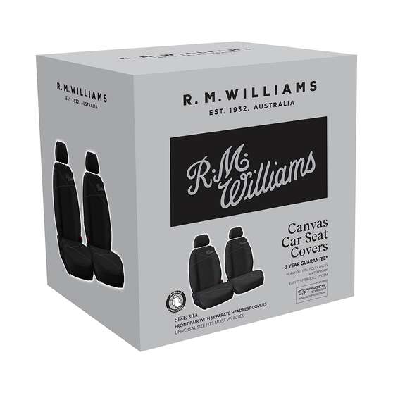R.M Williams Seat Cover Poly Canvas Seat Cover - Black/Grey Stitch Adjutsable Headrest Airbag Compatable, , scanz_hi-res