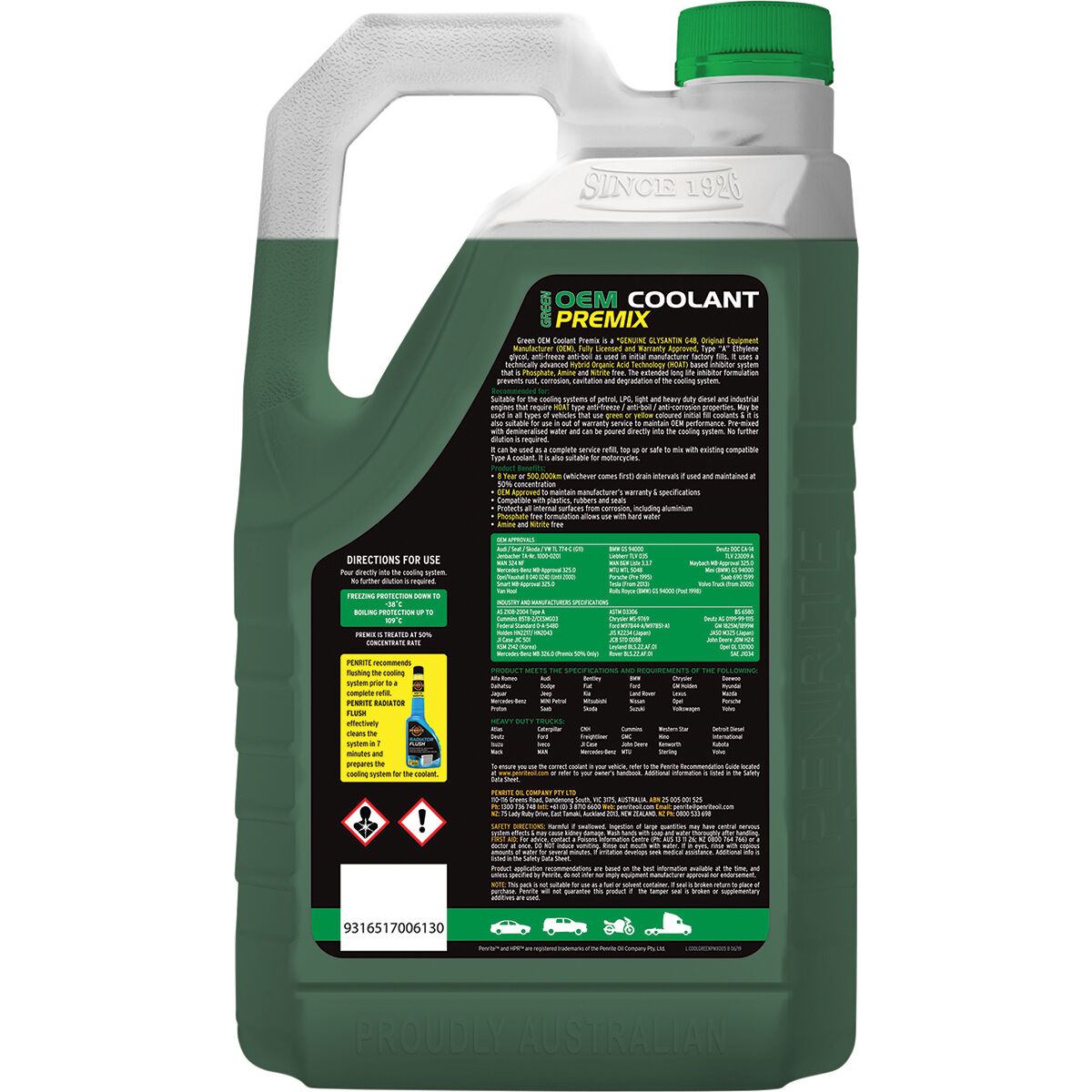 Penrite Green Long Life Anti Freeze / Anti Boil Coolant Premix - 5 Litres, , scanz_hi-res
