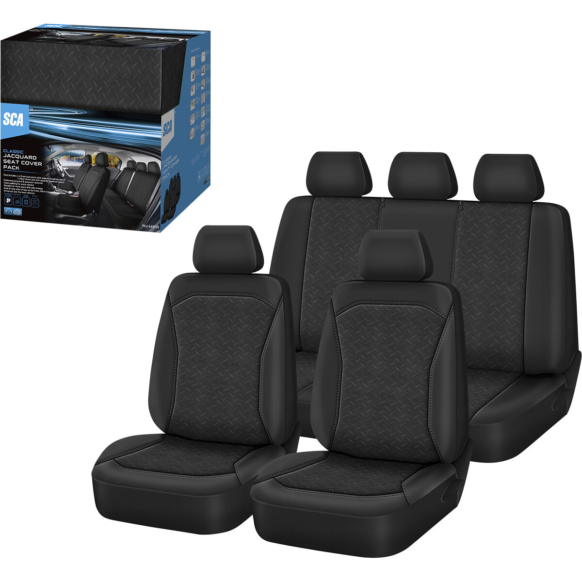 SCA Embroidered Jacquard Seat Cover Pack Black Adjustable Headrests Airbag Compatible 30&06H SAB, , scanz_hi-res