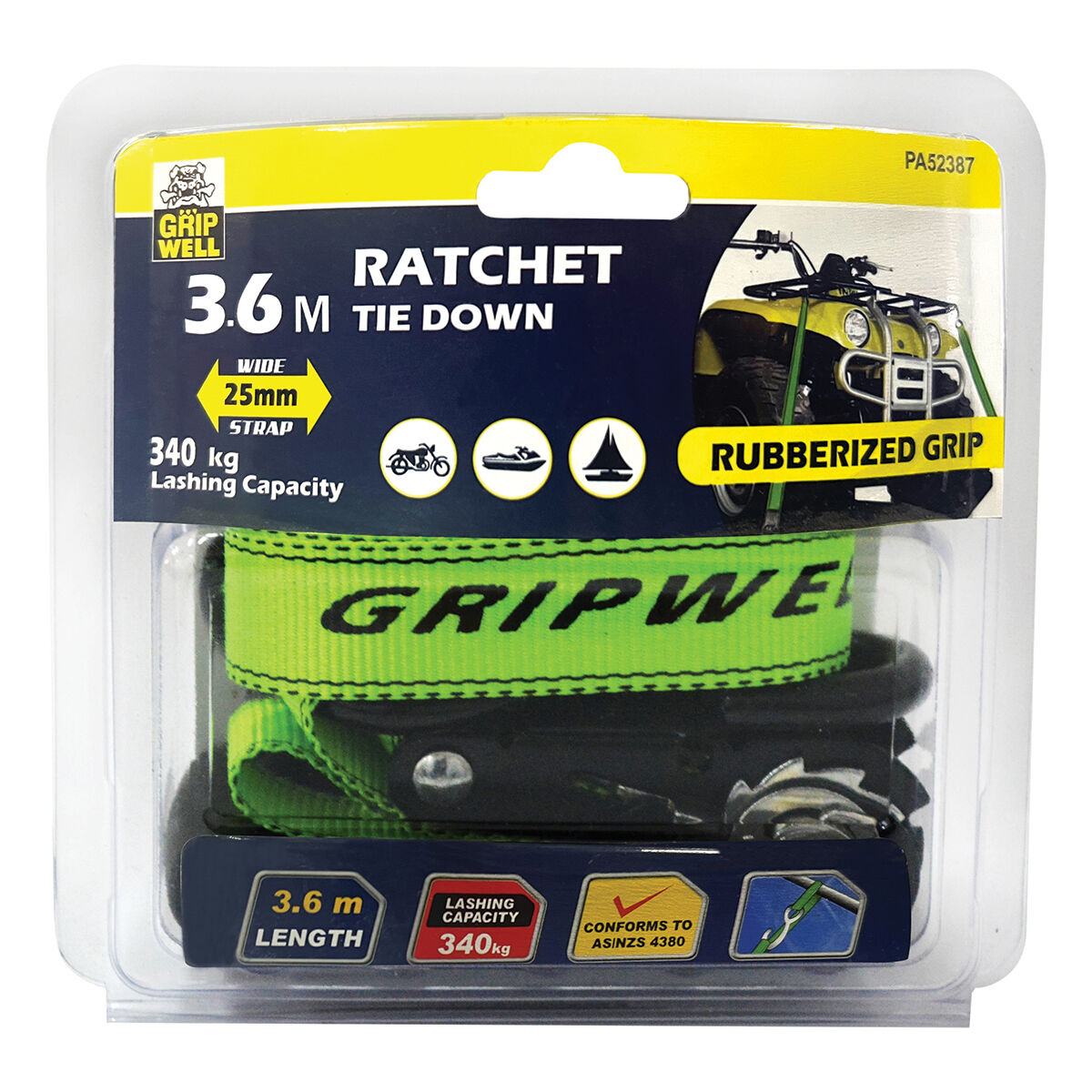 Gripwell Ratchet Tie Down Heavy Duty XL 340kg 25mm X 3.6m, , scanz_hi-res