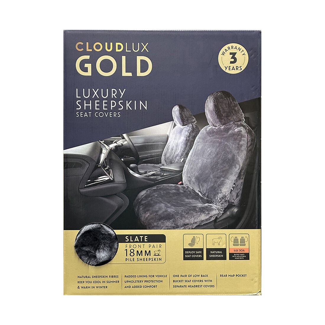 Gold CLOUDLUX Sheepskin Seat Covers - Slate Adjustable Headrests Size 30 Airbag Compatible, , scanz_hi-res