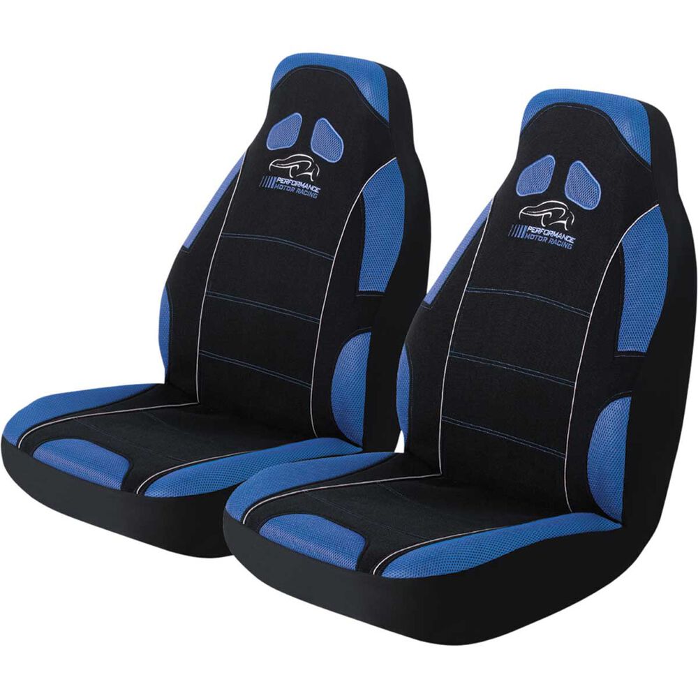 Performance Racing Seat Covers - Blue, Built-in Headrests, Size 60, Front Pair, Airbag ...