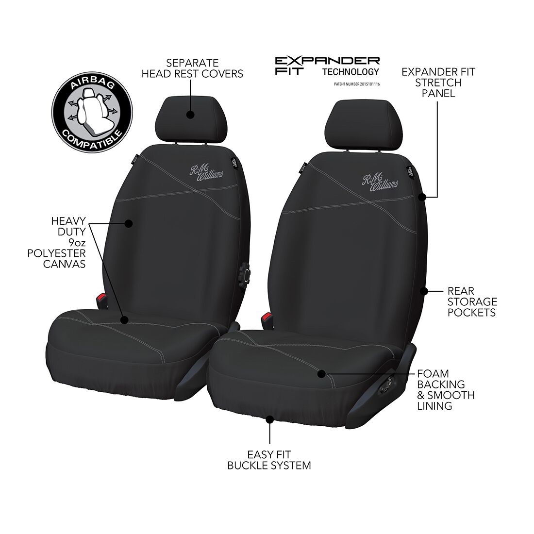 R.M.Williams Seat Cover Poly Canvas Seat Cover - Black/Grey Stitch Adjustable Headrest Airbag Compatible, , scanz_hi-res