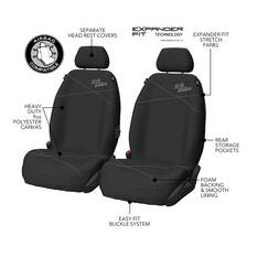 R.M Williams Seat Cover Poly Canvas Seat Cover - Black/Grey Stitch Adjutsable Headrest Airbag Compatable, , scanz_hi-res