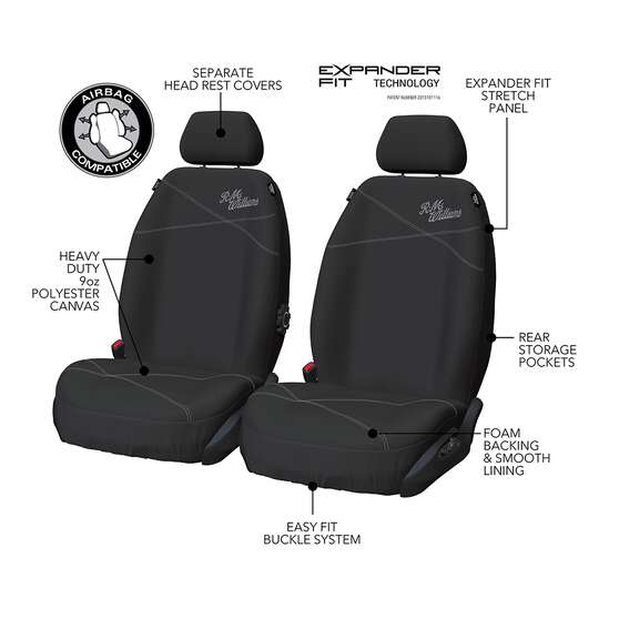 R.M Williams Seat Cover Poly Canvas Seat Cover - Black/Grey Stitch Adjutsable Headrest Airbag Compatable, , scanz_hi-res