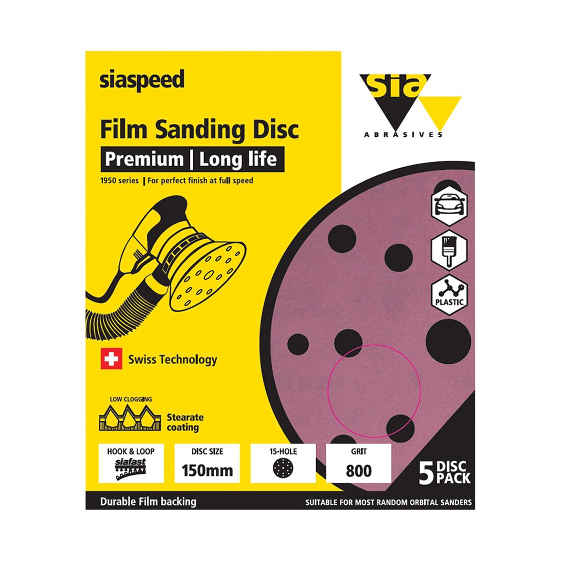 SIA Abrasives 150mm Premium Wet & Dry Sanding Disc, 1950 Series, 8 Hole, 800 Grit, 5 Pack, , scanz_hi-res
