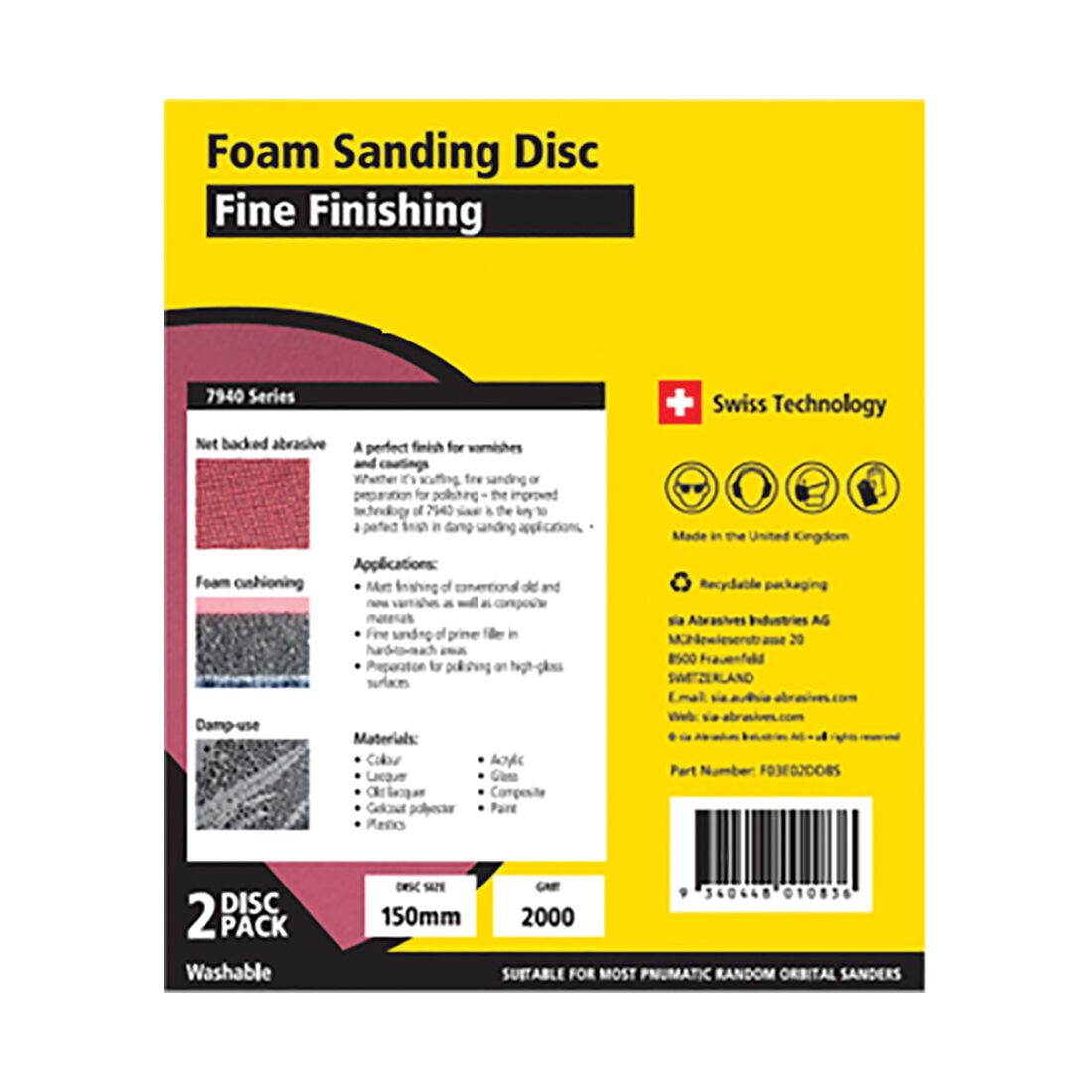 SIA Abrasives 150mm Foam Sanding Disc, 7940 Series, No Hole, 2000 Grit, 2 Pack, , scanz_hi-res