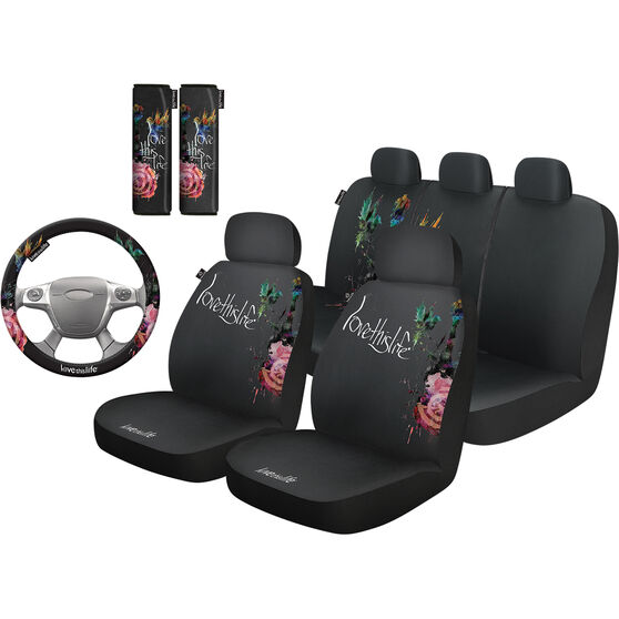Love This Life Flora 6 Piece Seat Cover Pack Black Adjustable Headrests Size 30 06h Front Rear Steering Wheel Belt Buddies Super Auto New Zealand - Car Bench Seat Covers Nz