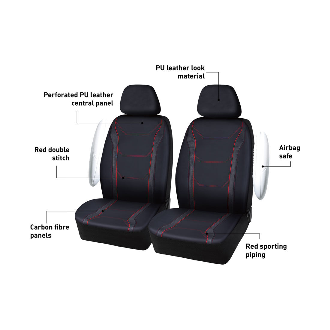 SCA Sports Leather Look & Carbon Seat Covers Black/Red Adjustable Headrests Airbag Compatible, , scanz_hi-res