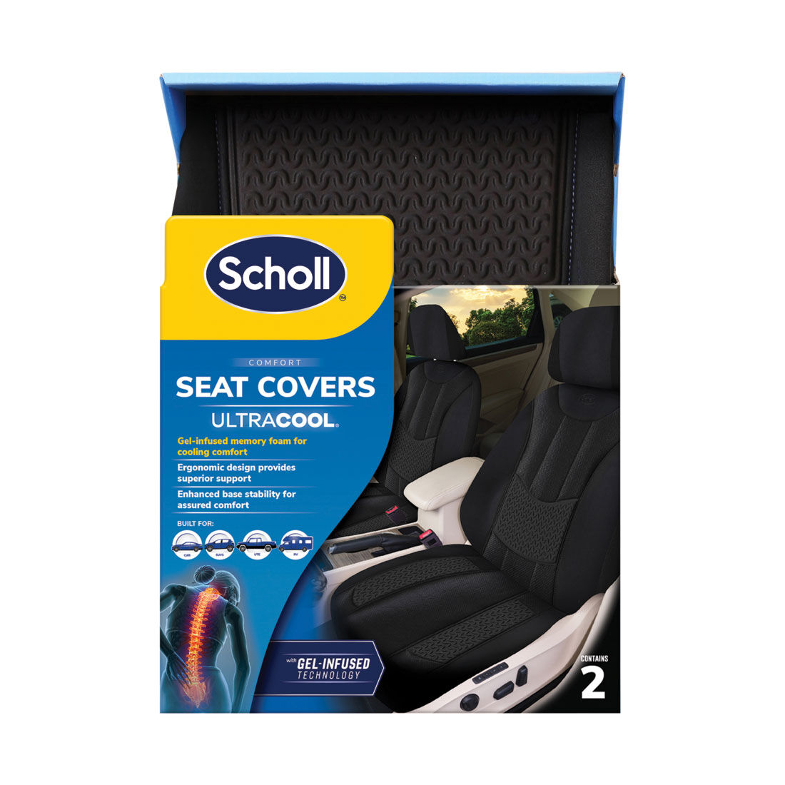 Scholl Gel Infused Memory Foam Seat Cover Black Adjustable